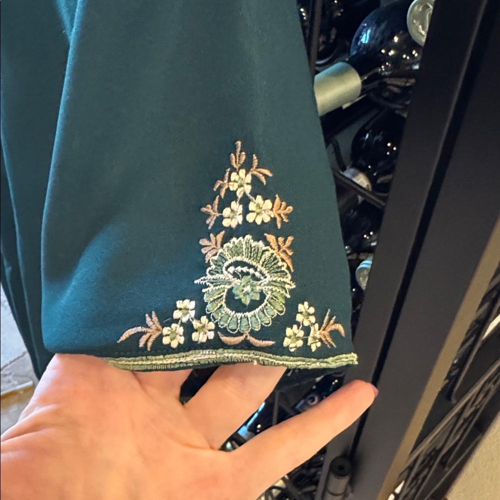 Teal Embroidered Pumjabi with cream and brown accents. - Picture 4 of 7